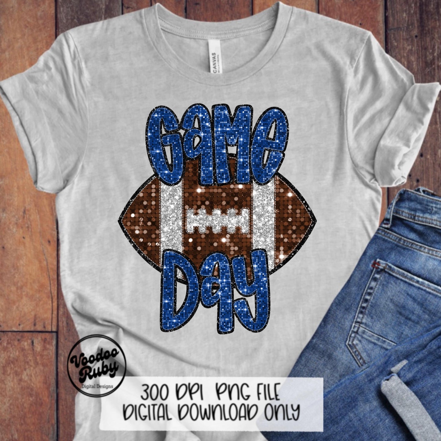 Football Game Day Blue Sequin PNG Design Sublimation Faux Embroidery Hand Drawn Digital Download Football Mascot PNG Glitter Printable DTF