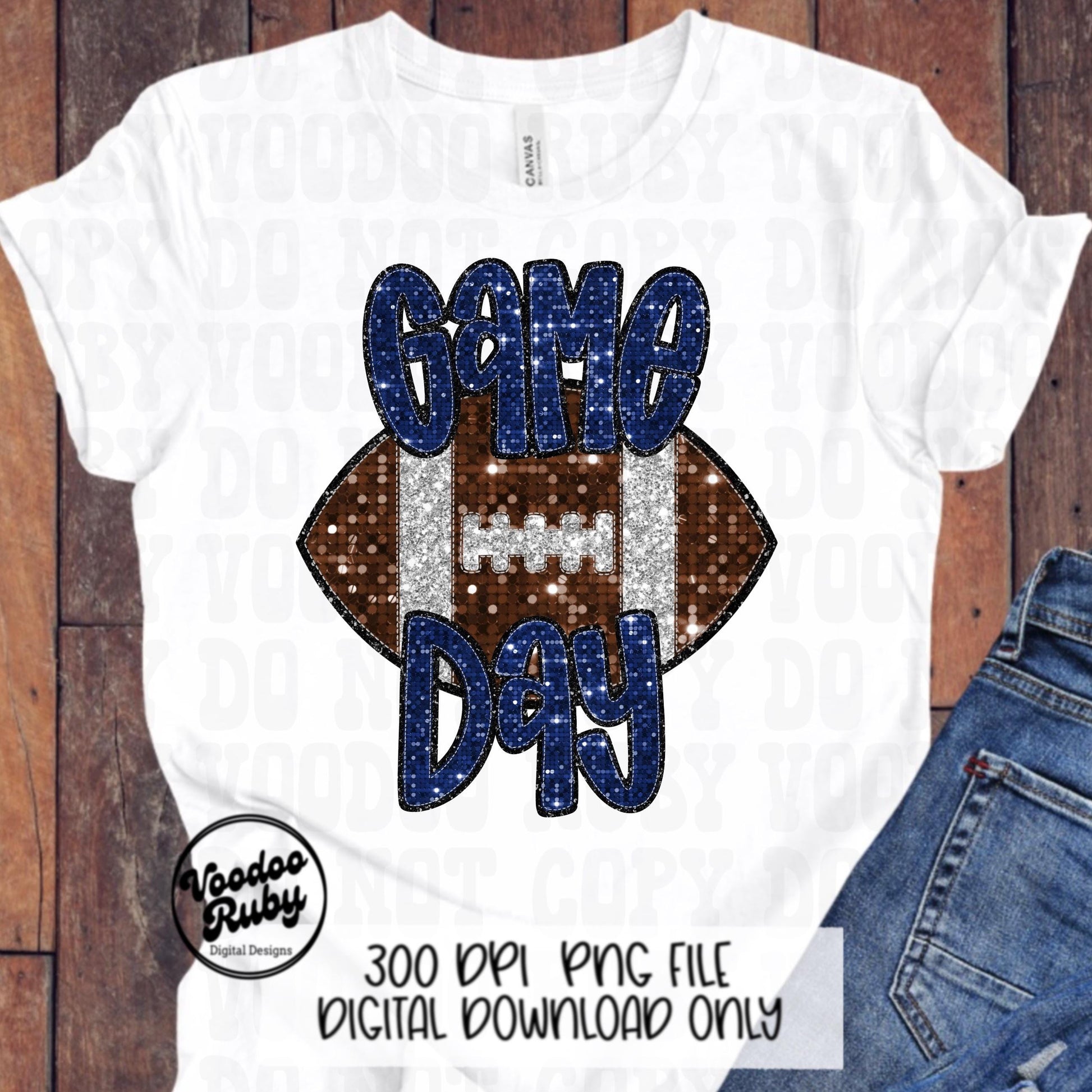 Football Game Day Blue Sequin PNG Design Sublimation Faux Embroidery Hand Drawn Digital Download Football Mascot PNG Glitter Printable DTF