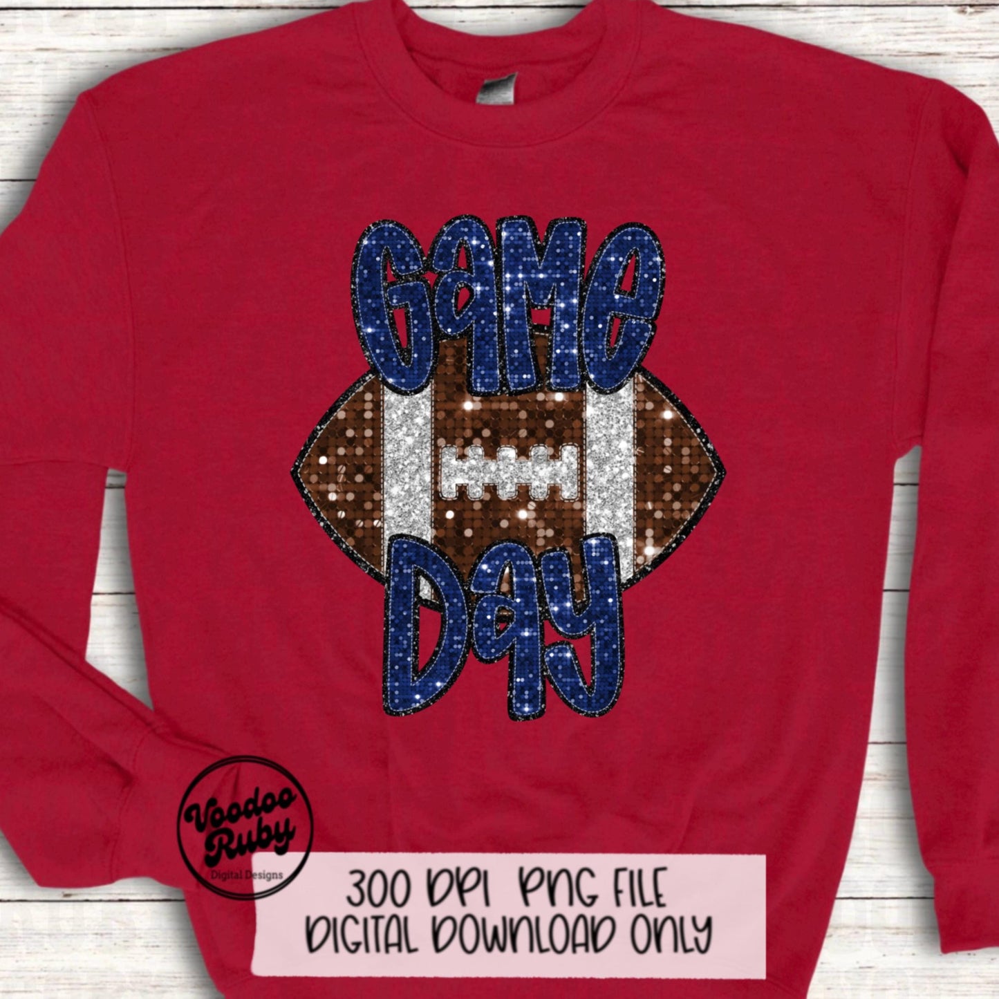 Football Game Day Blue Sequin PNG Design Sublimation Faux Embroidery Hand Drawn Digital Download Football Mascot PNG Glitter Printable DTF
