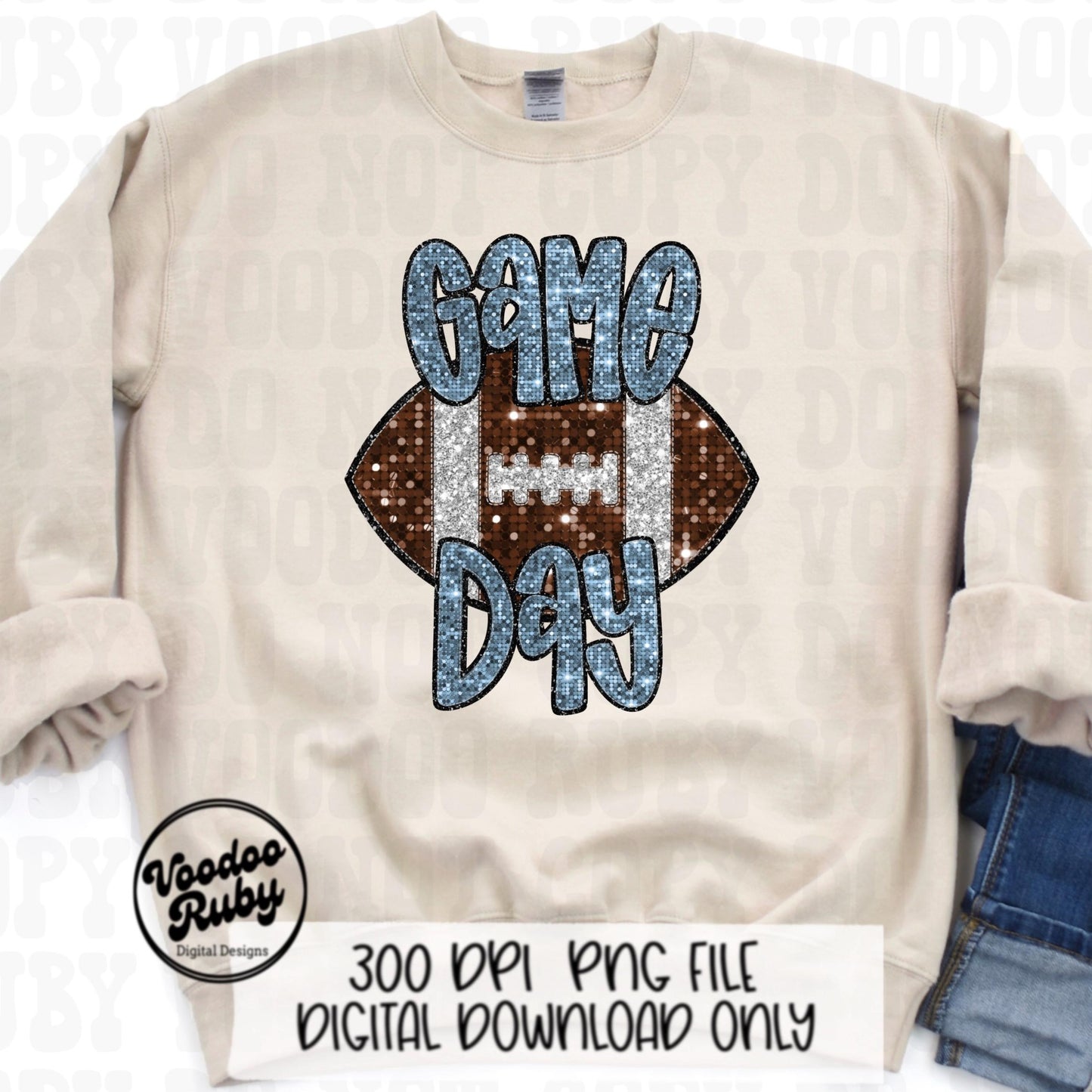 Football Game Day Blue Sequin PNG Design Sublimation Faux Embroidery Hand Drawn Digital Download Football Mascot PNG Glitter Printable DTF