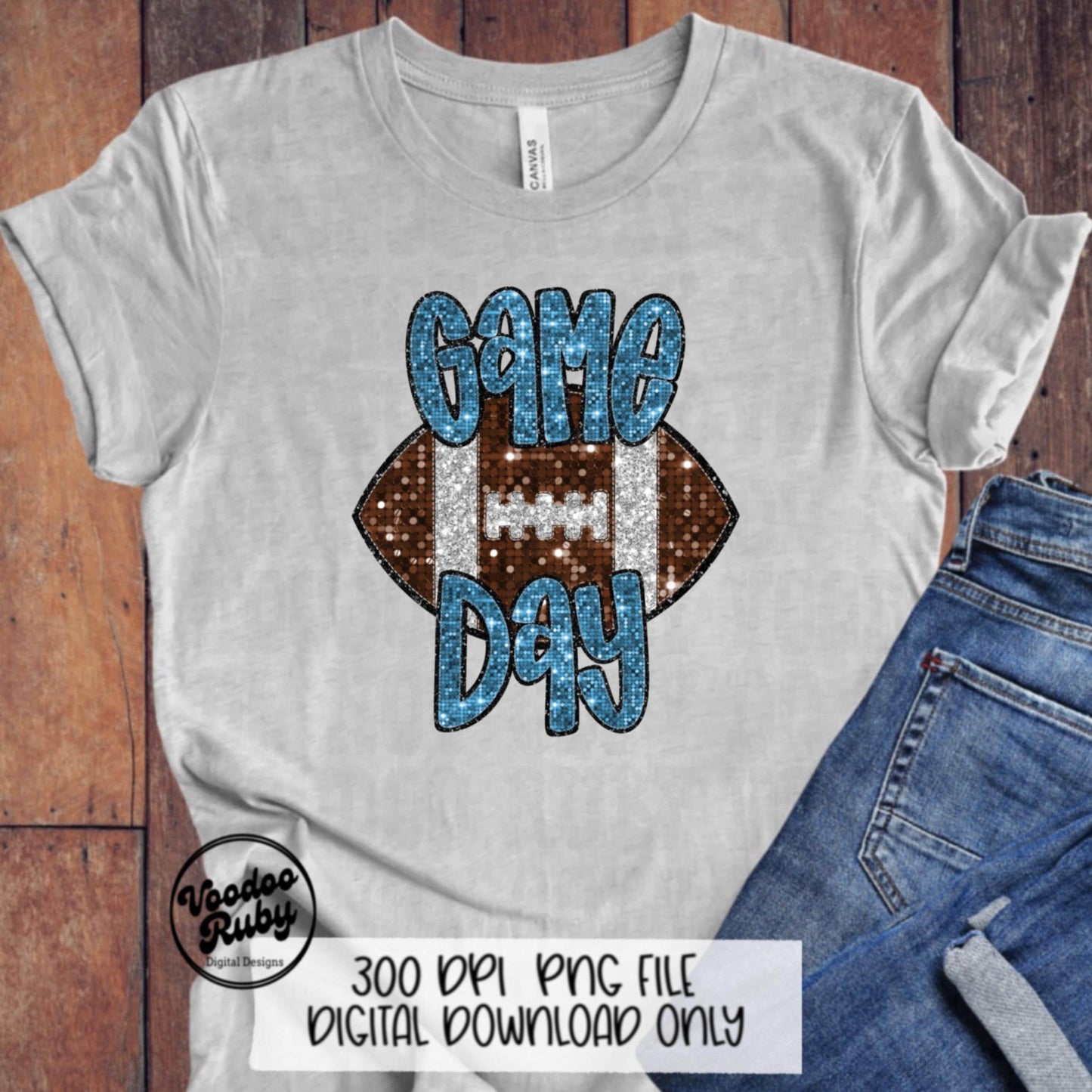 Football Game Day Blue Sequin PNG Design Sublimation Faux Embroidery Hand Drawn Digital Download Football Mascot PNG Glitter Printable DTF