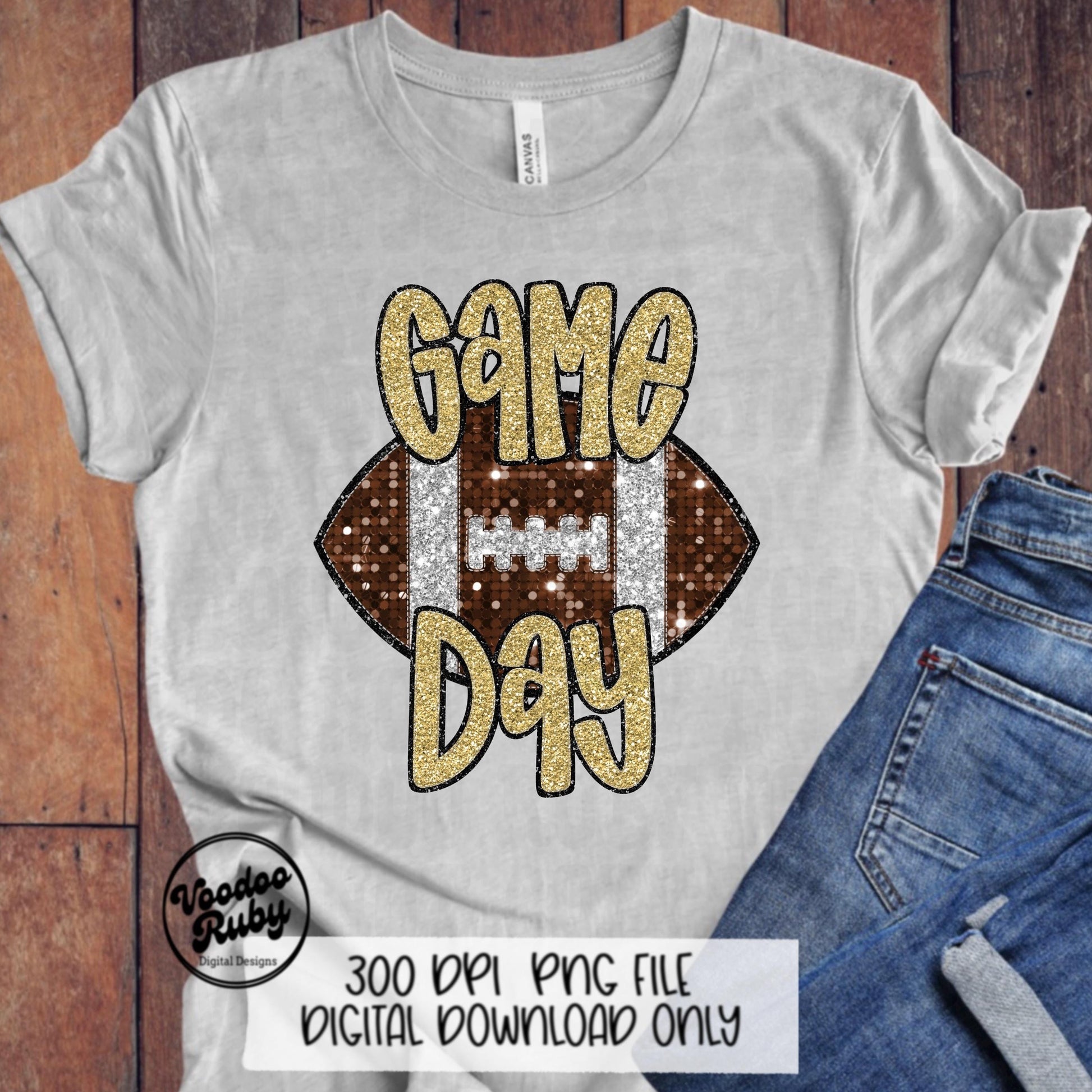 Football Game Day Gold Glitter PNG Design Sublimation Faux Embroidery Hand Drawn Digital Download Football Mascot PNG Sequin Printable DTF