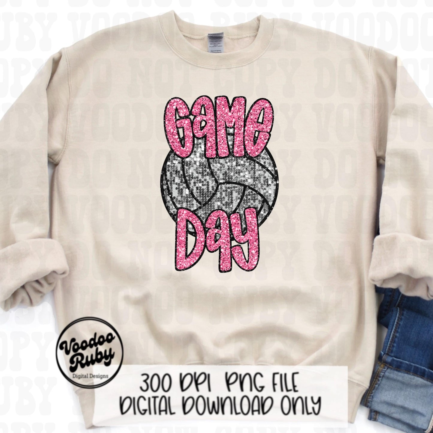 Volleyball Game Day Pink Sequin PNG Design Sublimation Faux Embroidery Hand Drawn Digital Download Pink Out Volleyball Mascot Pink October