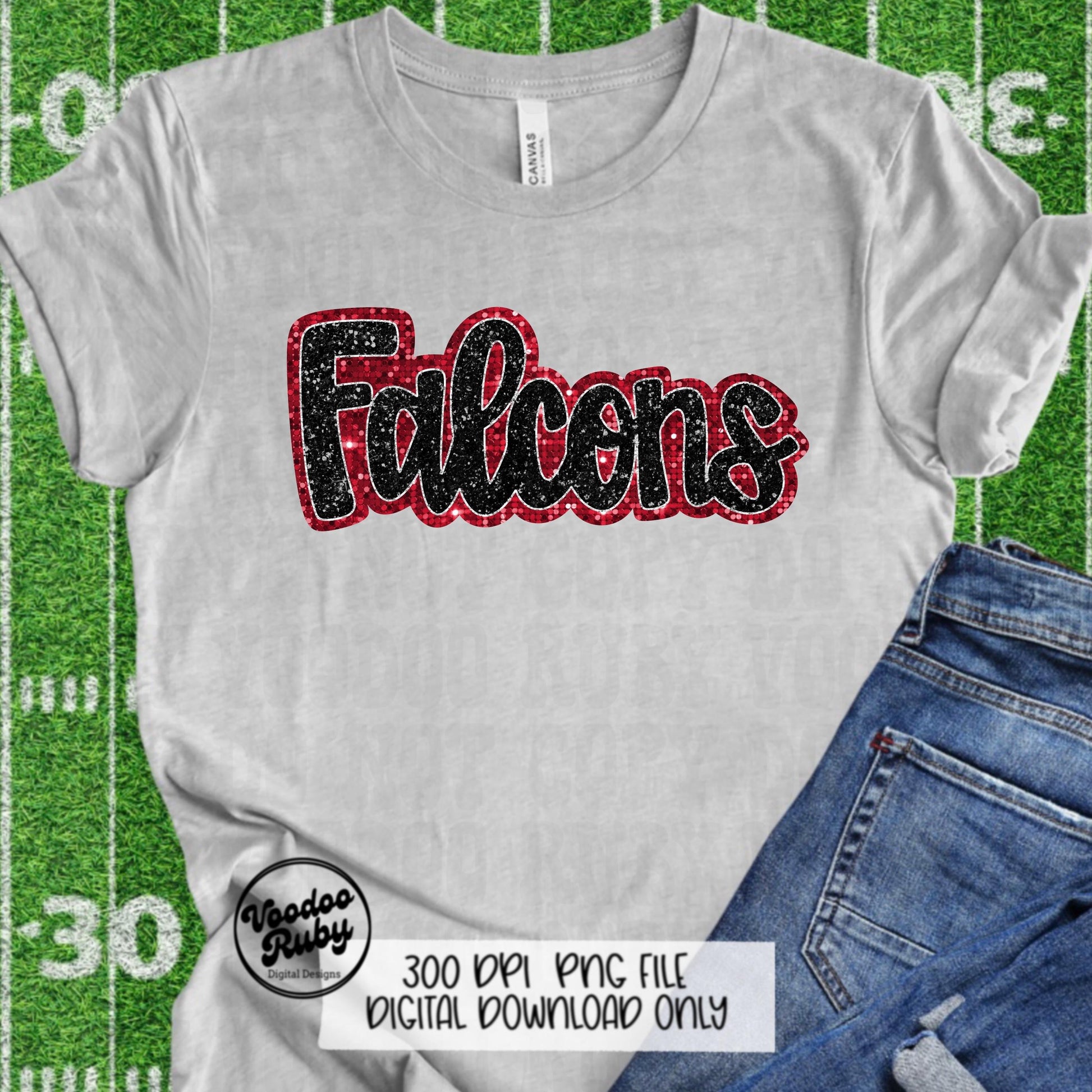 Falcons PNG Design Hand Drawn Digital Download Sublimation Faux Sequin Glitter PNG Black and Red Falcons Football png Falcons DTF Printable