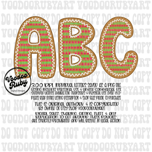 Gingerbread Alphabet PNG Design Sublimation Bundle Hand Drawn Digital Download Sublimation Letters Pink Christmas Alpha Pack DTF Printable