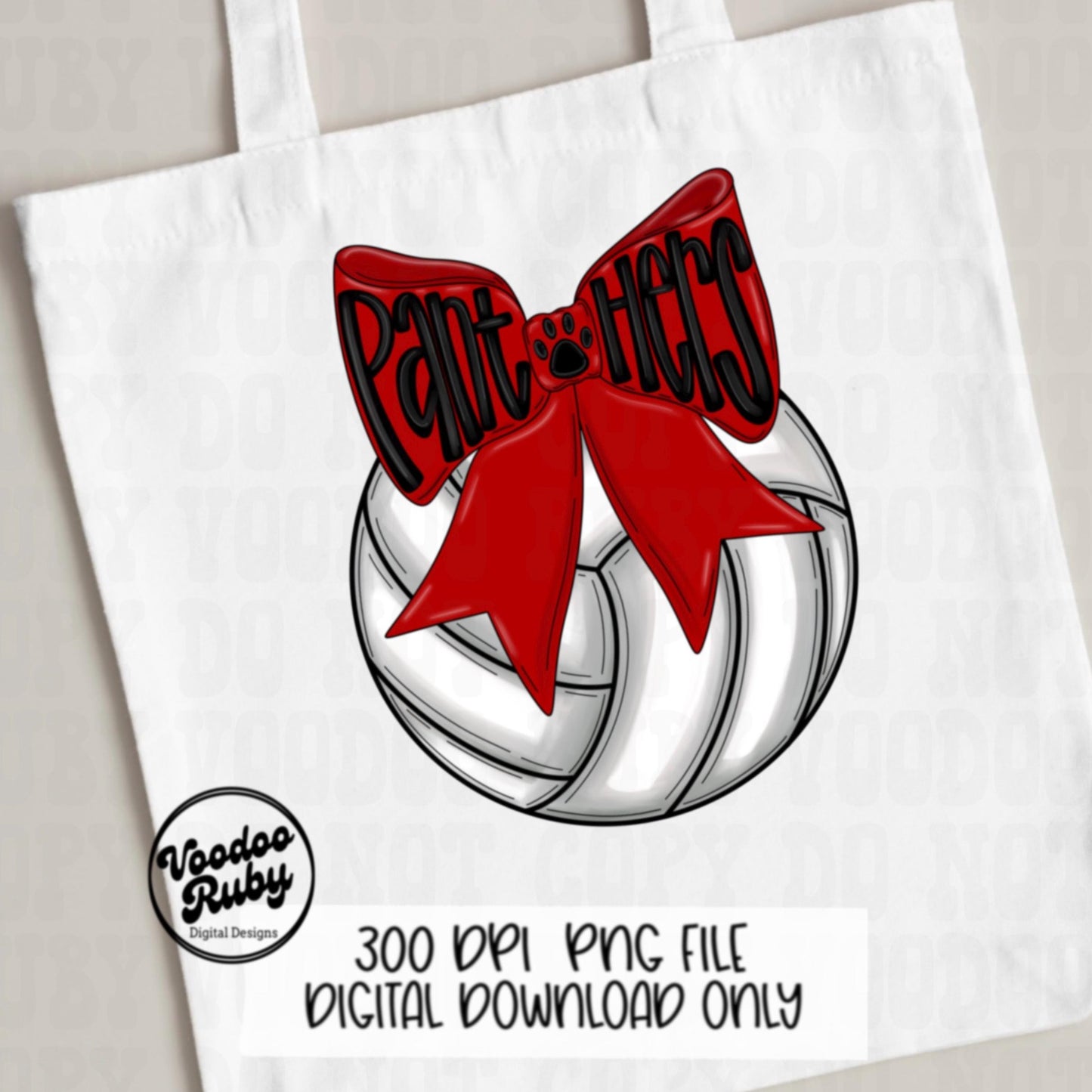 Red Panthers Mascot Volleyball PNG Design Sublimation Coquette Hand Drawn Digital Download Red Panthers Volleyball Bow PNG Panthers DTF