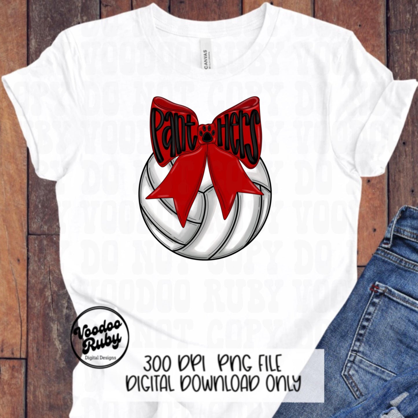 Red Panthers Mascot Volleyball PNG Design Sublimation Coquette Hand Drawn Digital Download Red Panthers Volleyball Bow PNG Panthers DTF