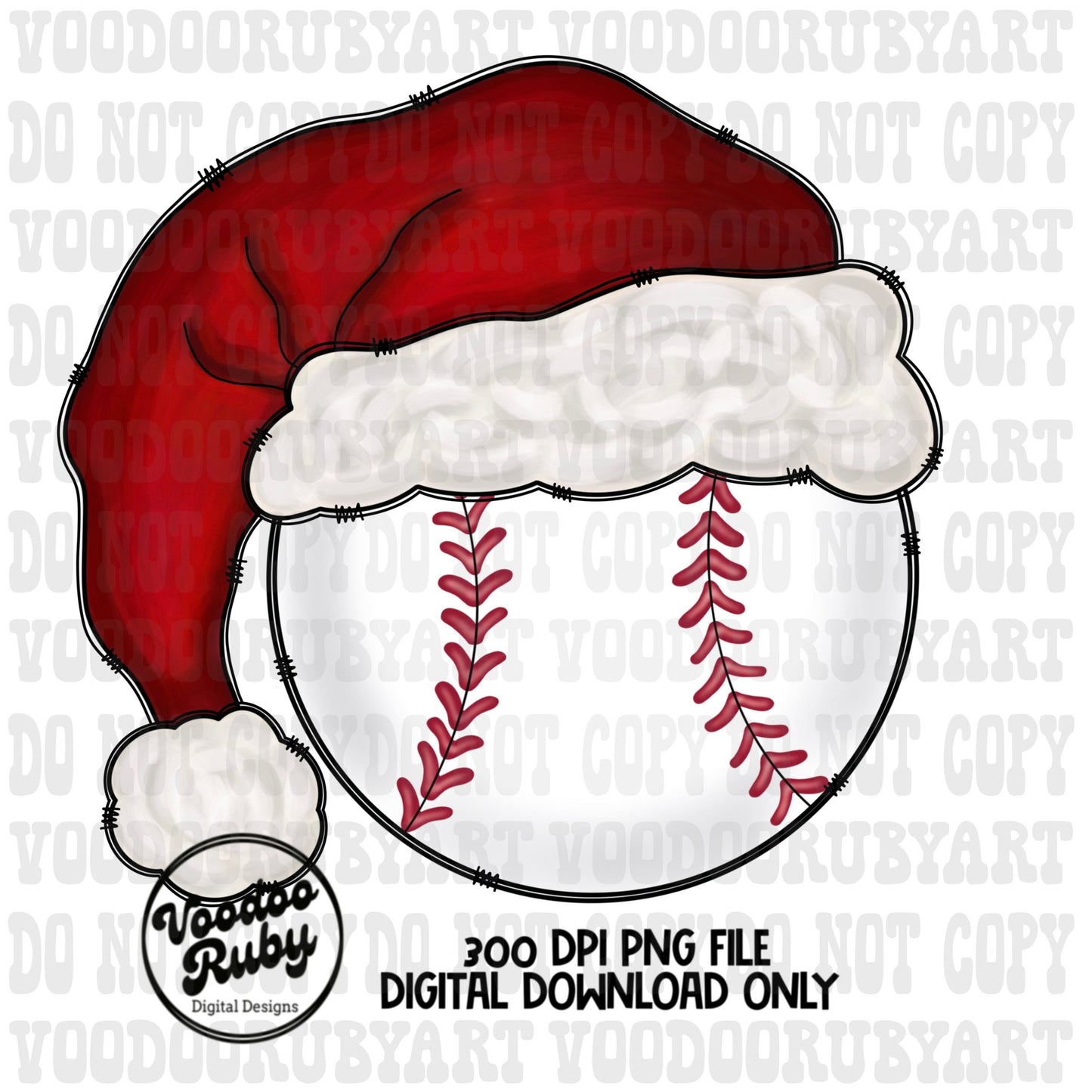 Christmas Santa Baseball PNG: Hand-Drawn Sublimation Design (Digital Download