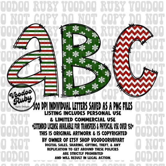 Christmas Doodle Alphabet PNG: Hand-Drawn Letters Clip Art (Digital Download)