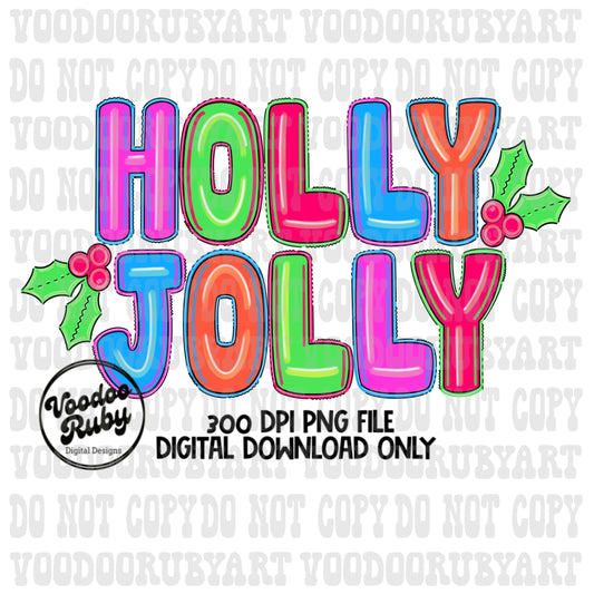 Holly Jolly Sublimation PNG Design Bright Christmas Doodle Letters PNG Design Hand Drawn Digital Design Download Merry Christmas Printable