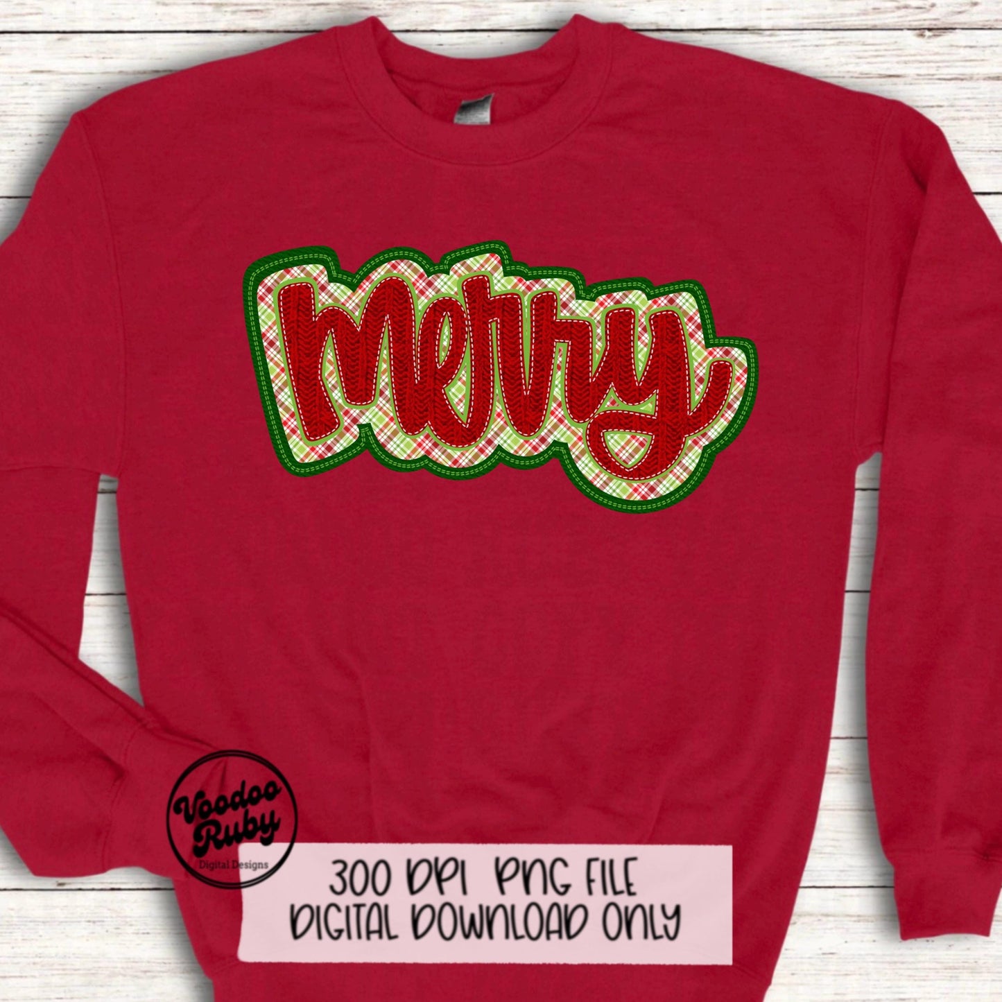 Merry PNG Design Sublimation Hand Drawn Digital Download Faux Embroidery PNG Merry Christmas Plaid DTF Printable