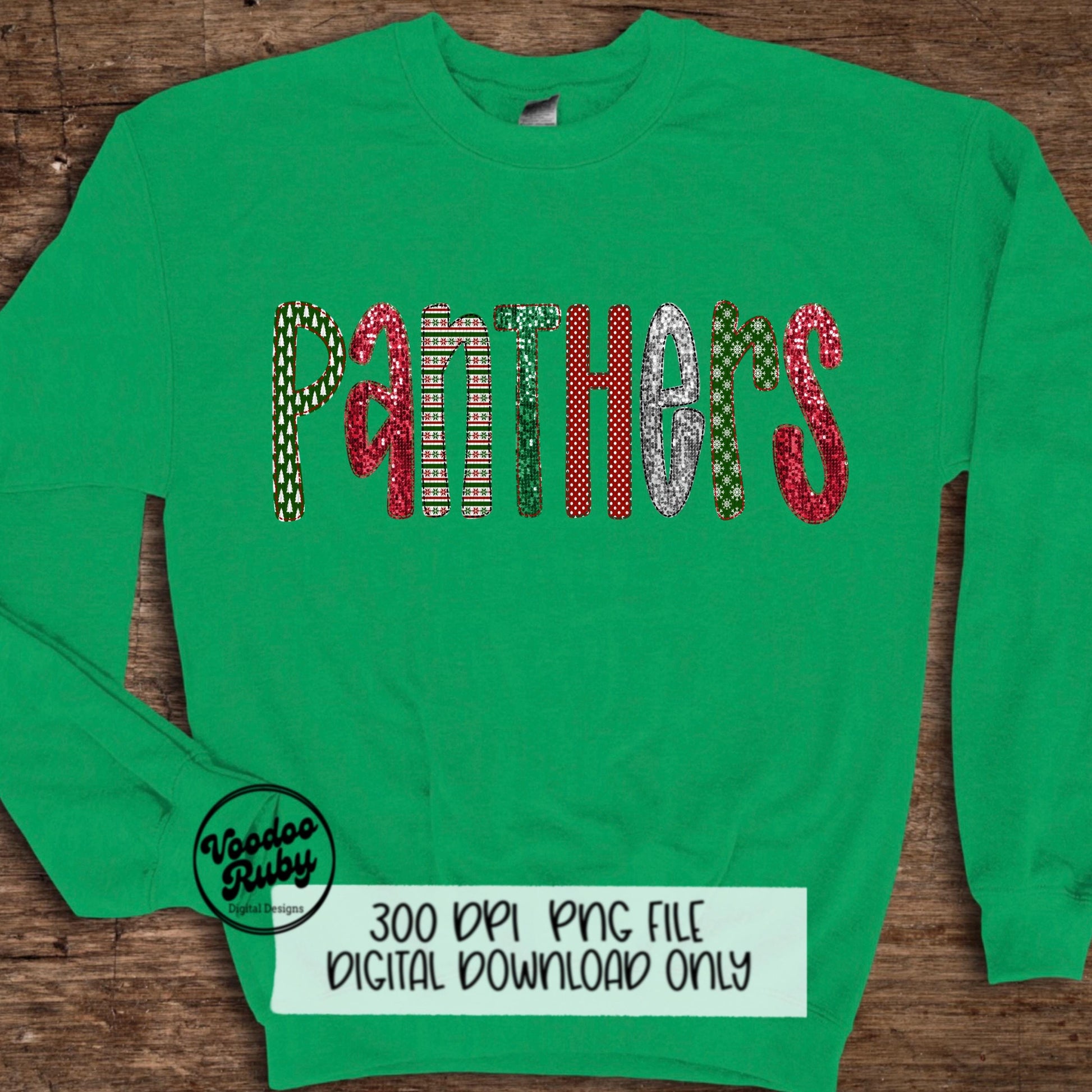 Christmas Panthers PNG Design Sublimation Digital Download Faux Embroidery PNG Faux Sequins Christmas Mascot Panthers DTF Printable