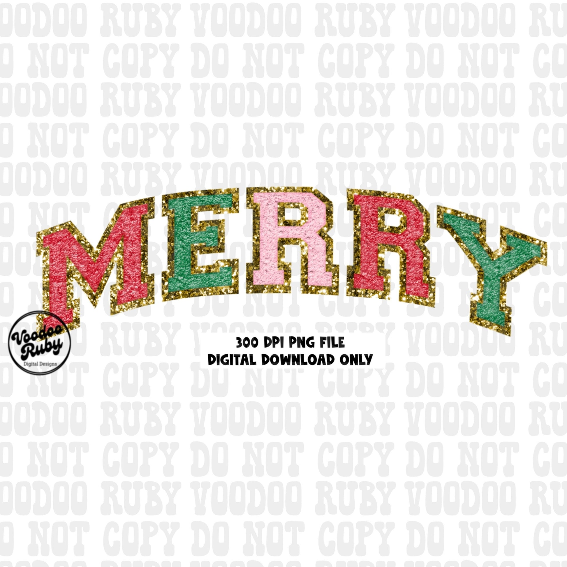 merry chenille png faux patch with gold faux glitter background in 300 dpi dtf printable