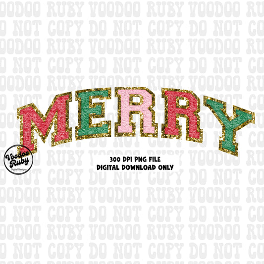 merry chenille png faux patch with gold faux glitter background in 300 dpi dtf printable