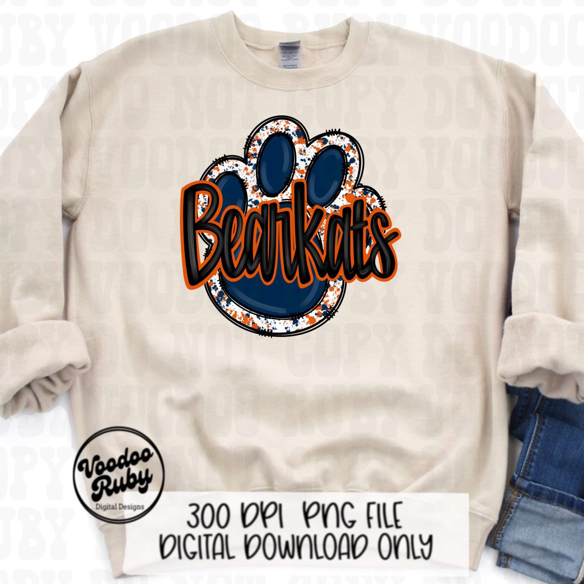 Bearkats PNG Design Hand Drawn Digital Download Football png Blue Orange Paw Print Sublimation png Bearkats Football DTF Printable Clip Art