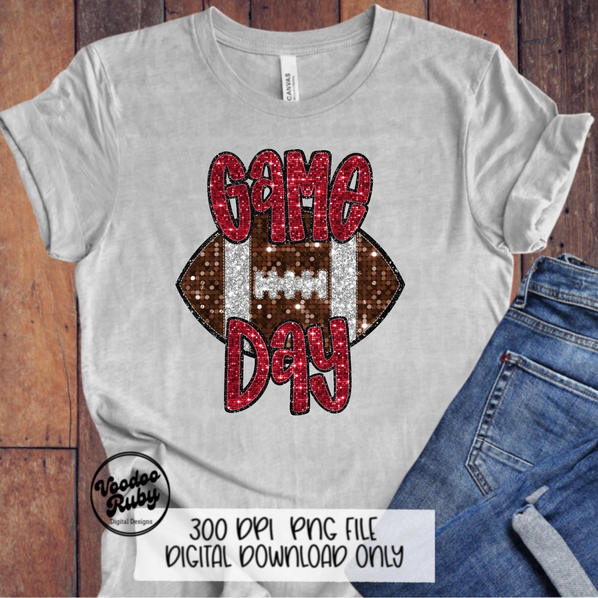 Football Game Day Red Sequin PNG Design Sublimation Faux Embroidery Hand Drawn Digital Download Football Mascot PNG Glitter Printable DTF
