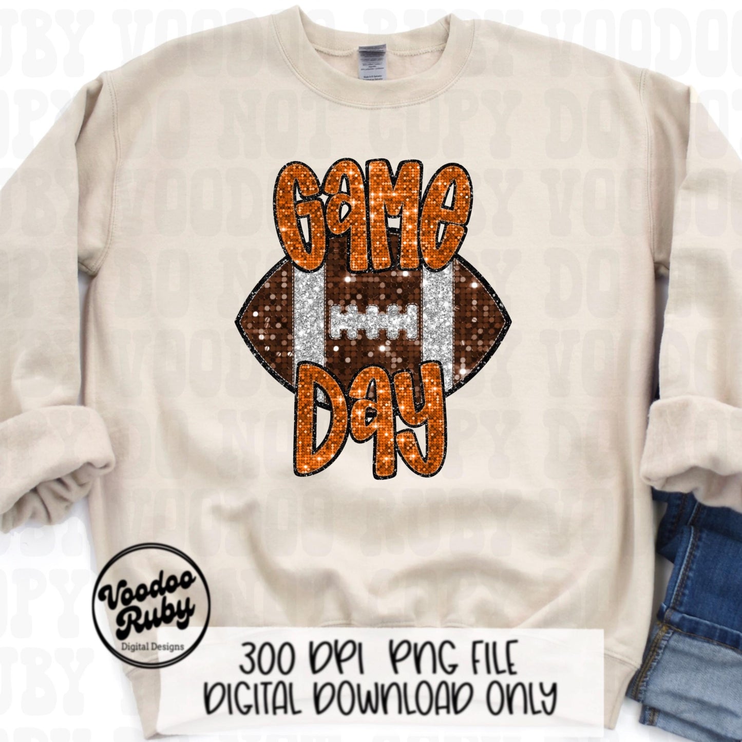 Football Game Day Orange Sequin PNG Design Sublimation Faux Embroidery Hand Drawn Digital Download Football Mascot PNG Glitter Printable DTF