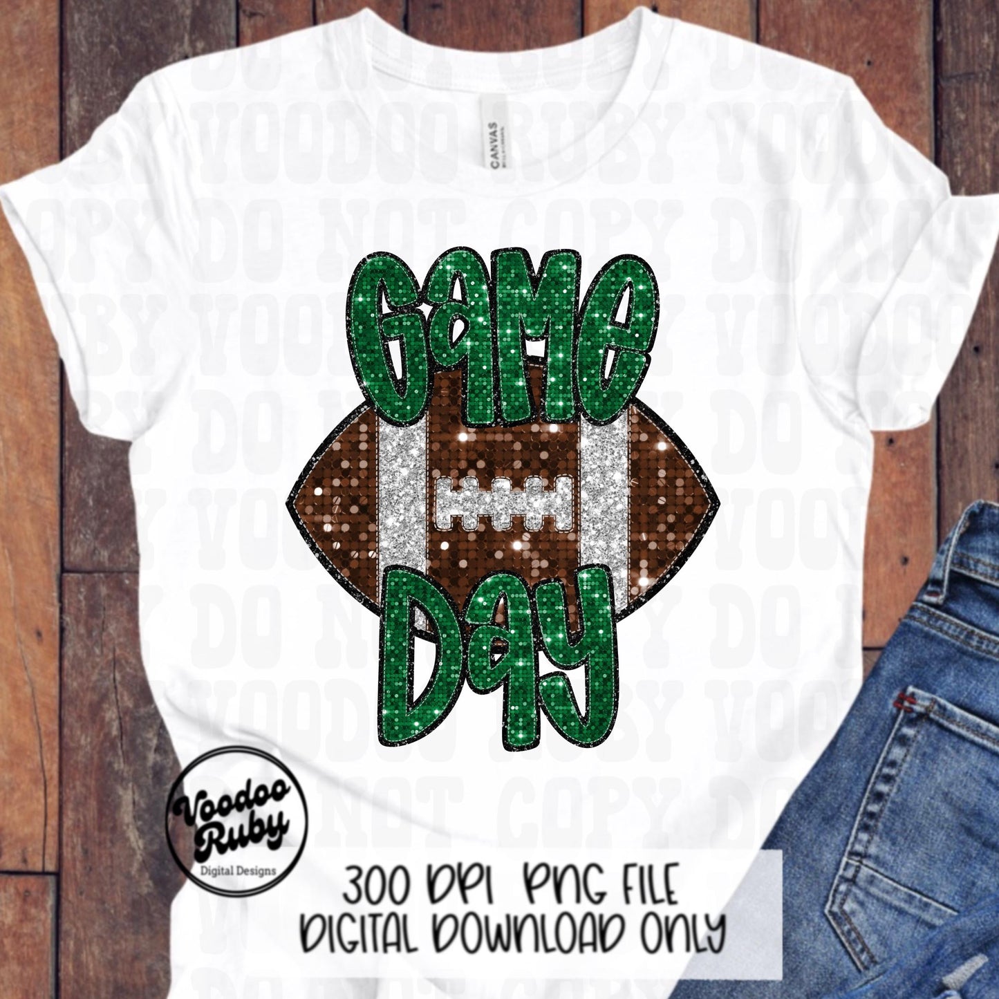 Football Game Day Green Sequin PNG Design Sublimation Faux Embroidery Hand Drawn Digital Download Football Mascot PNG Glitter Printable DTF