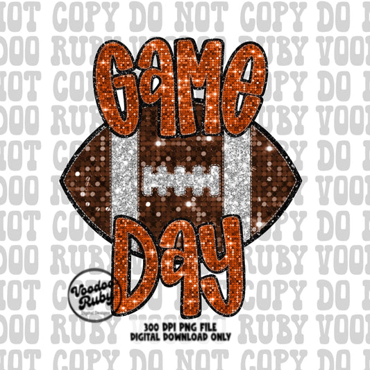 Football Game Day Orange Sequin PNG Design Sublimation Faux Embroidery Hand Drawn Digital Download Football Mascot PNG Glitter Printable DTF