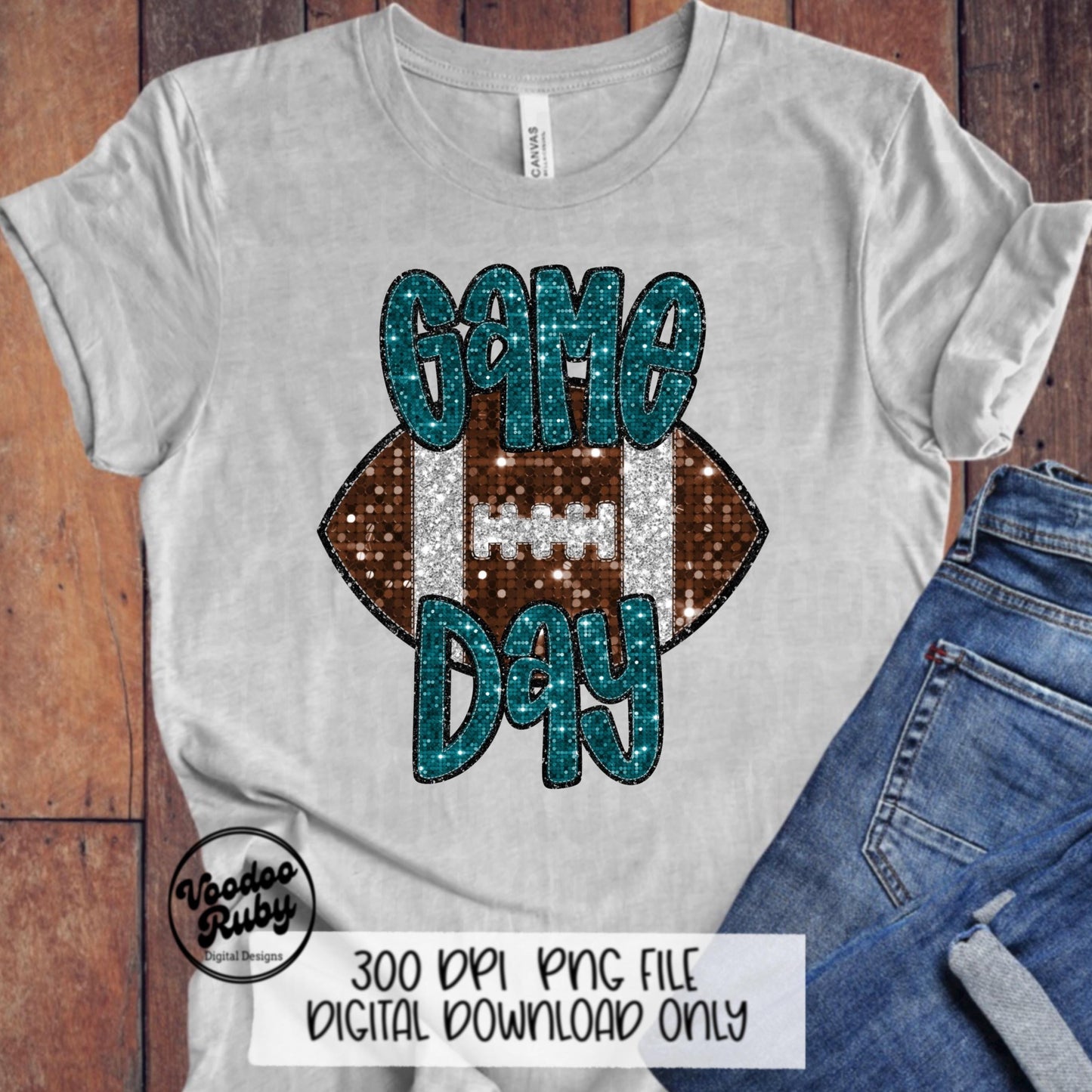 Football Game Day Teal Sequin PNG Design Sublimation Faux Embroidery Hand Drawn Digital Download Football Mascot PNG Glitter Printable DTF