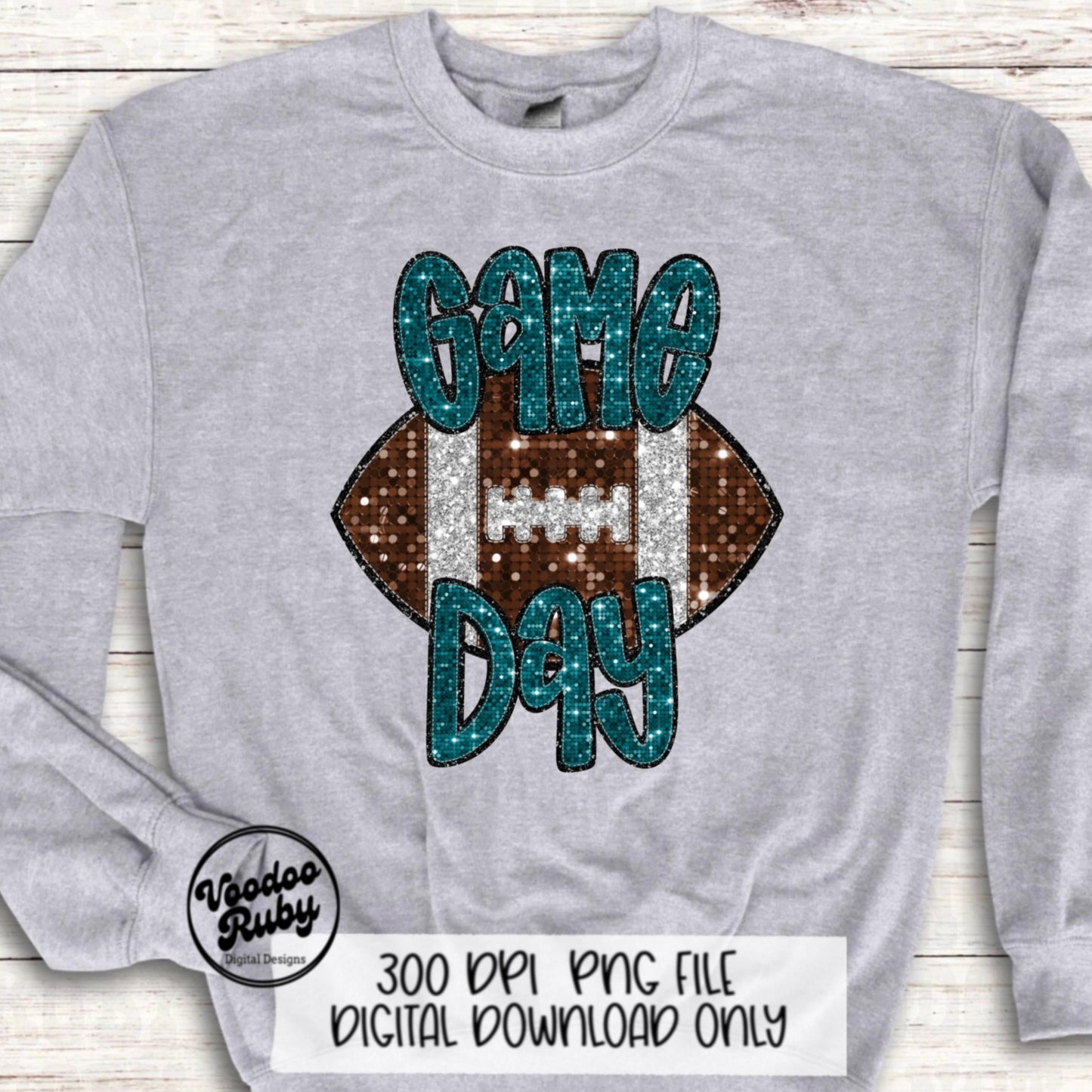 Football Game Day Teal Sequin PNG Design Sublimation Faux Embroidery Hand Drawn Digital Download Football Mascot PNG Glitter Printable DTF
