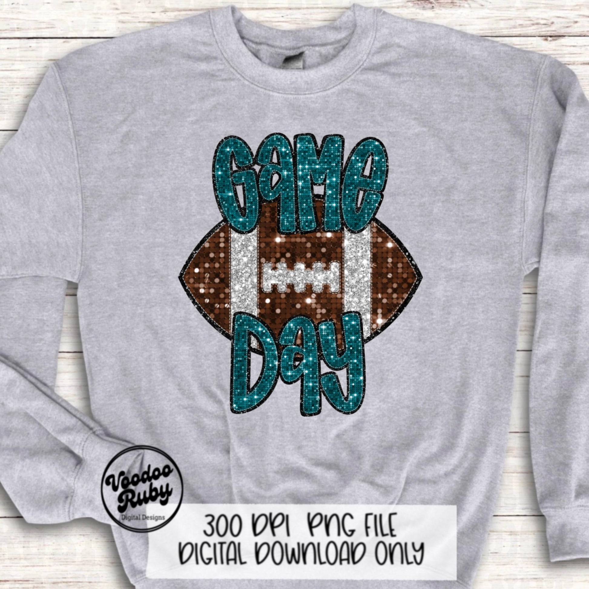 Football Game Day Teal Sequin PNG Design Sublimation Faux Embroidery Hand Drawn Digital Download Football Mascot PNG Glitter Printable DTF