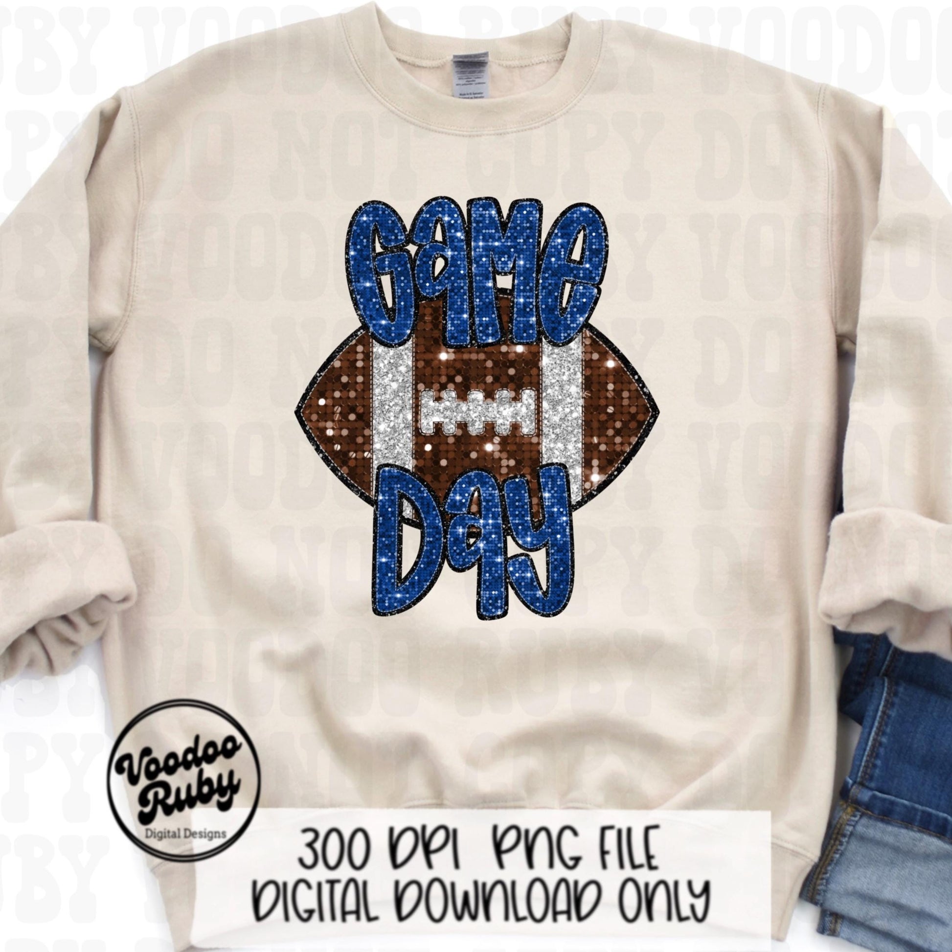 Football Game Day Blue Sequin PNG Design Sublimation Faux Embroidery Hand Drawn Digital Download Football Mascot PNG Glitter Printable DTF