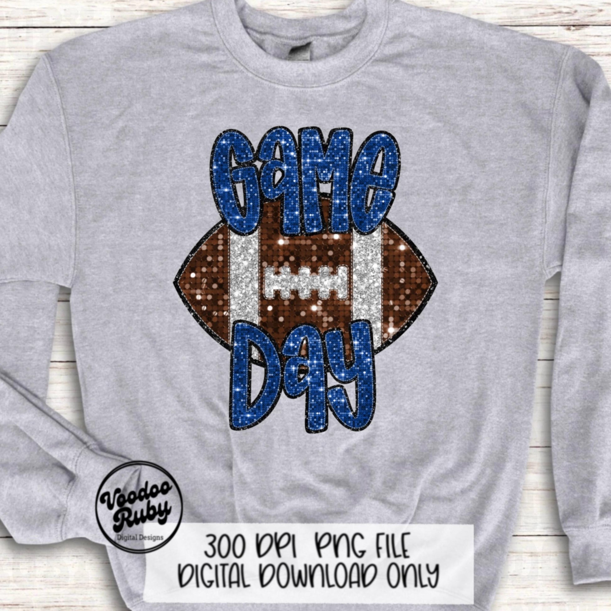 Football Game Day Blue Sequin PNG Design Sublimation Faux Embroidery Hand Drawn Digital Download Football Mascot PNG Glitter Printable DTF