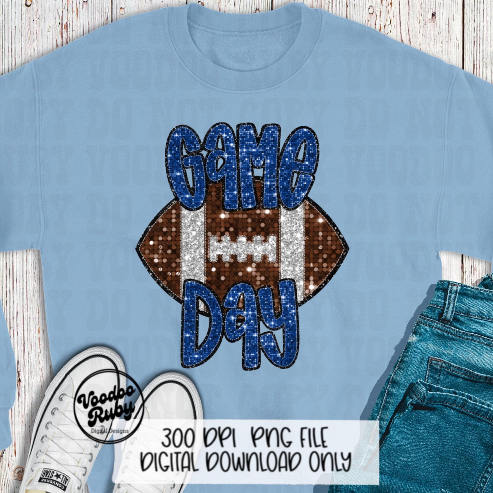 Football Game Day Blue Sequin PNG Design Sublimation Faux Embroidery Hand Drawn Digital Download Football Mascot PNG Glitter Printable DTF
