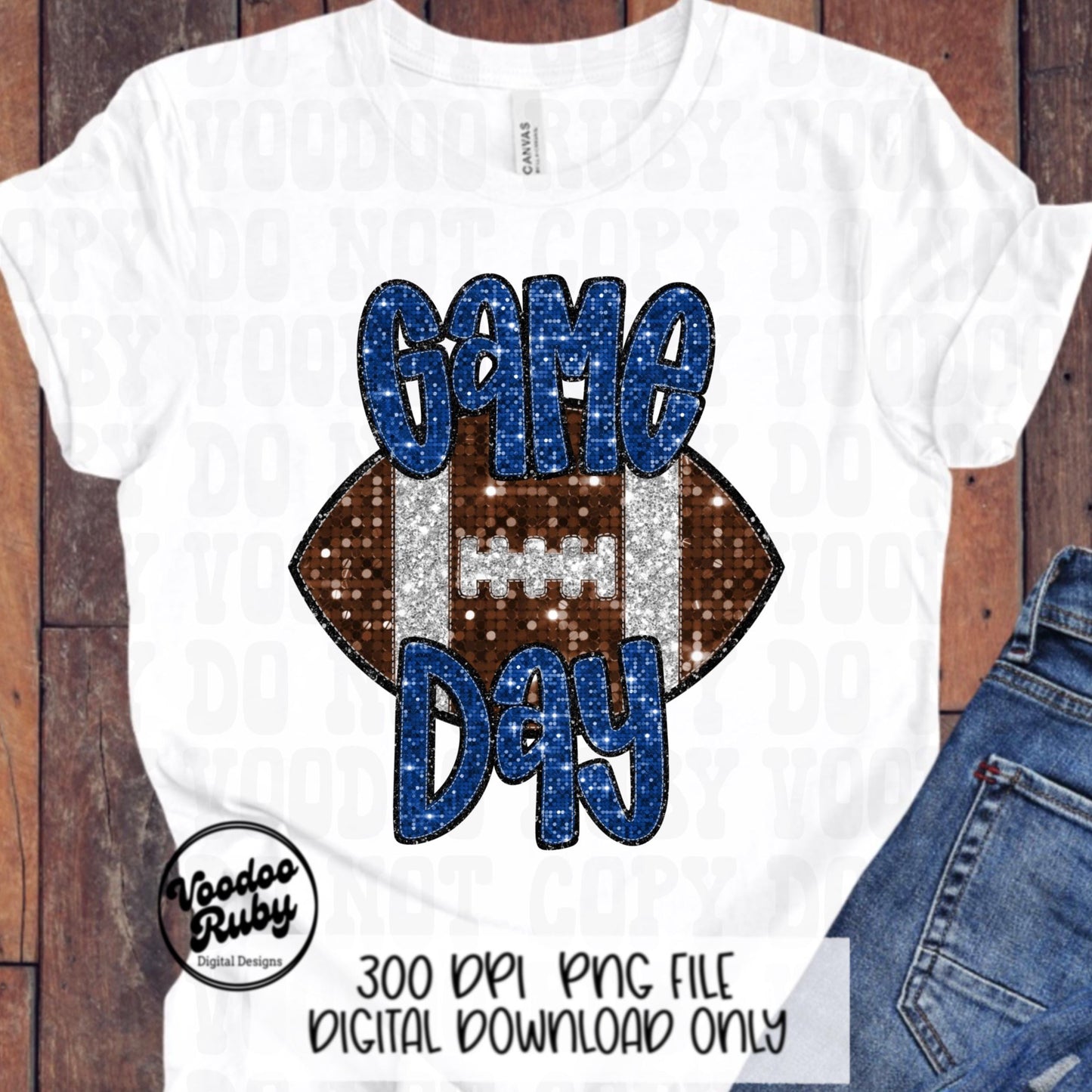 Football Game Day Blue Sequin PNG Design Sublimation Faux Embroidery Hand Drawn Digital Download Football Mascot PNG Glitter Printable DTF