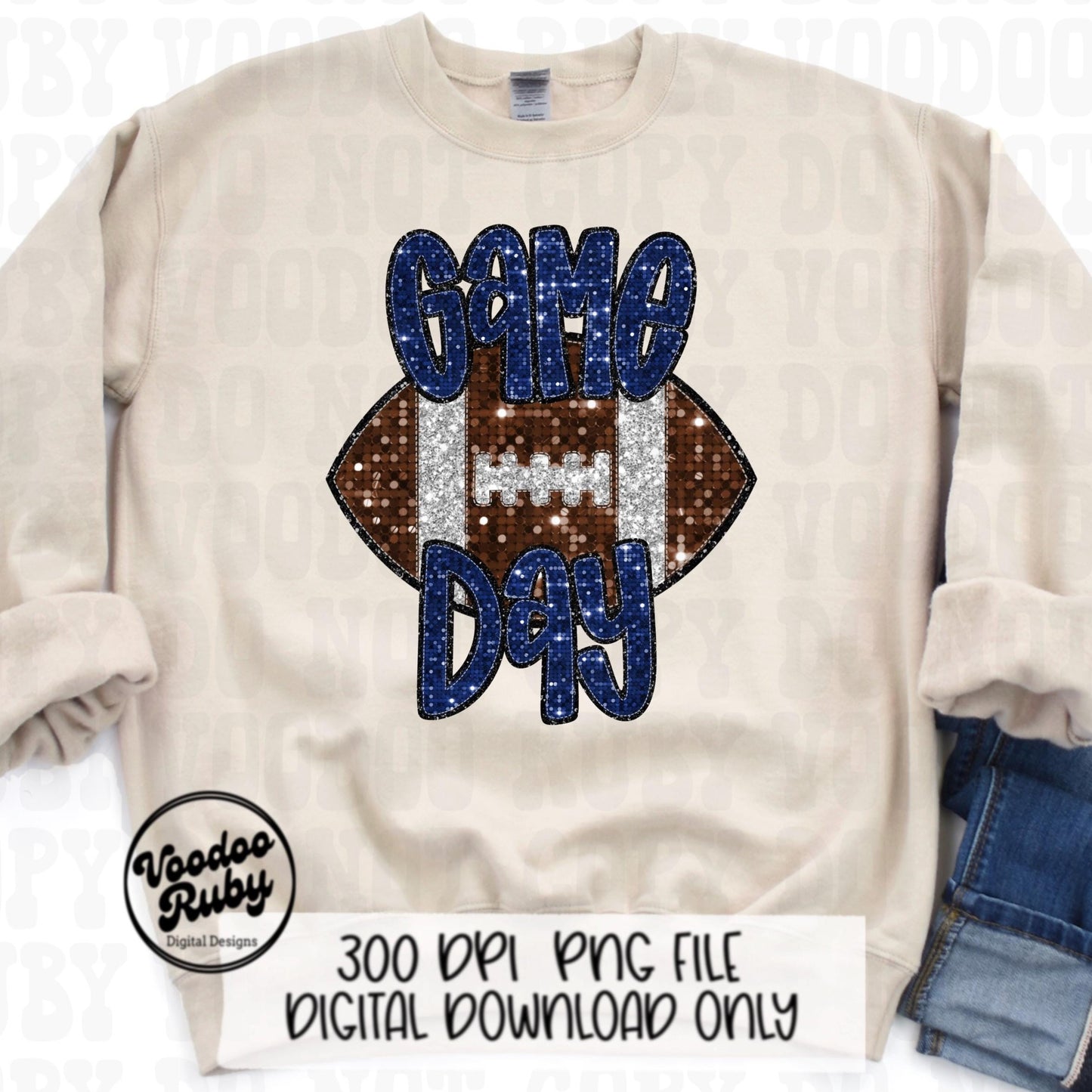 Football Game Day Blue Sequin PNG Design Sublimation Faux Embroidery Hand Drawn Digital Download Football Mascot PNG Glitter Printable DTF