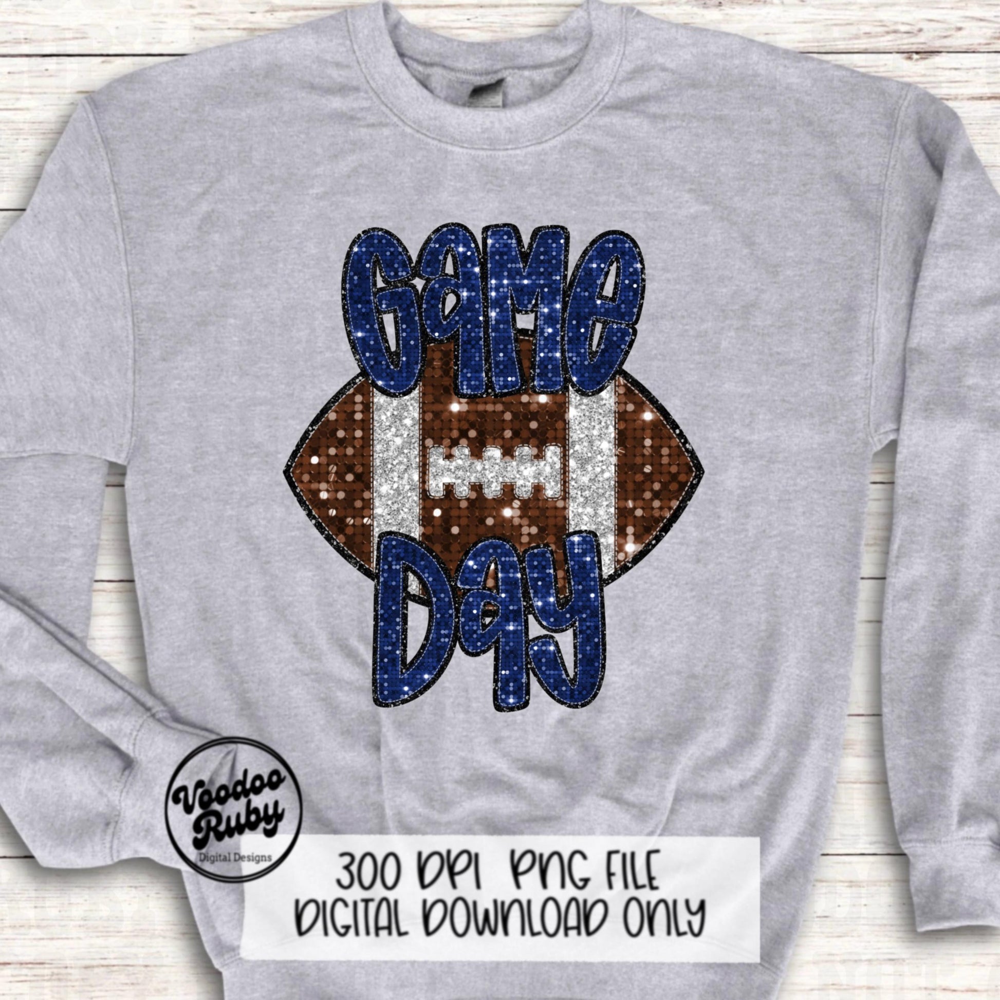 Football Game Day Blue Sequin PNG Design Sublimation Faux Embroidery Hand Drawn Digital Download Football Mascot PNG Glitter Printable DTF