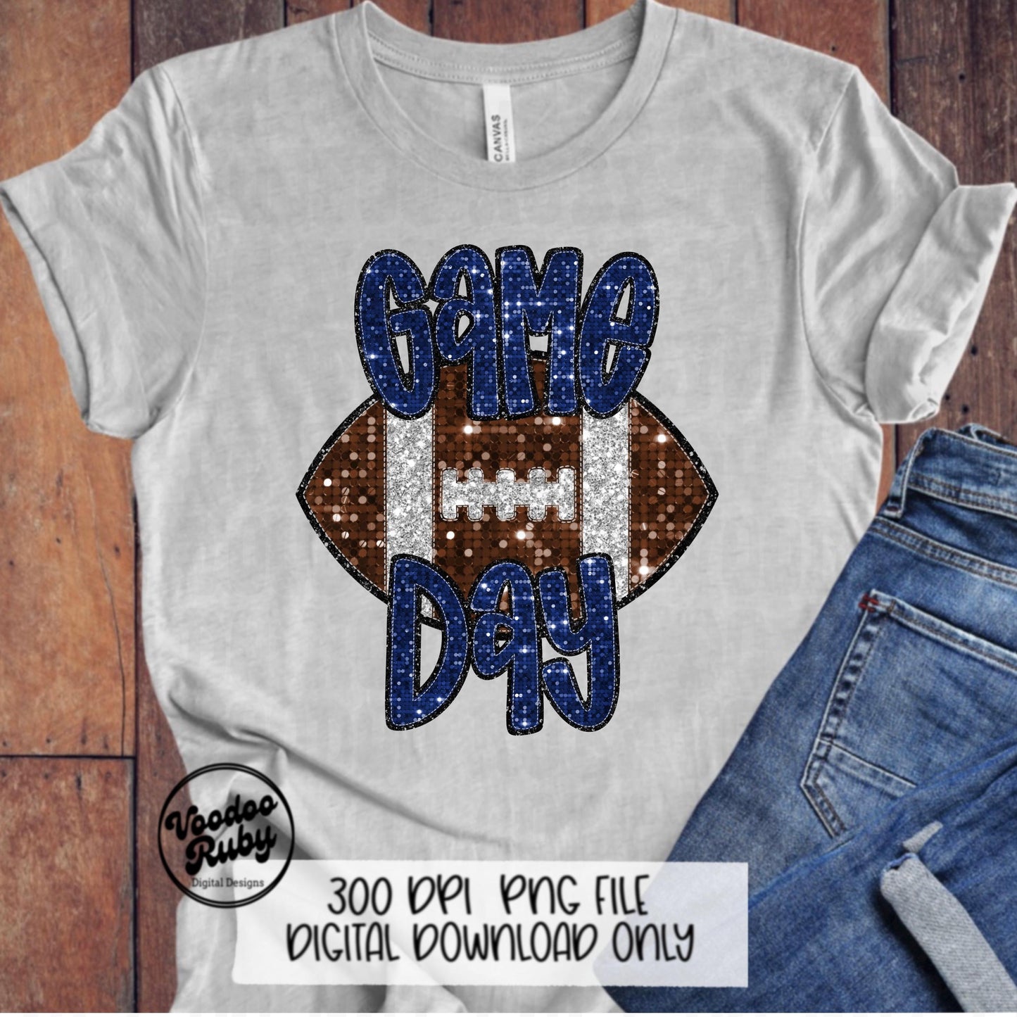 Football Game Day Blue Sequin PNG Design Sublimation Faux Embroidery Hand Drawn Digital Download Football Mascot PNG Glitter Printable DTF