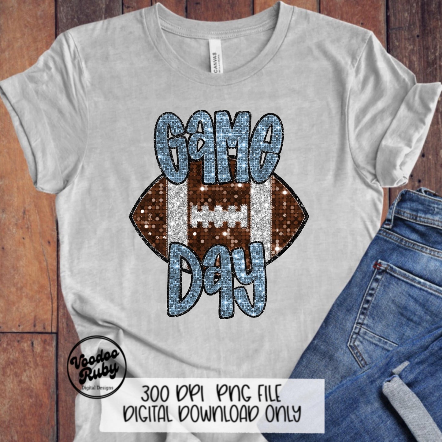 Football Game Day Blue Sequin PNG Design Sublimation Faux Embroidery Hand Drawn Digital Download Football Mascot PNG Glitter Printable DTF