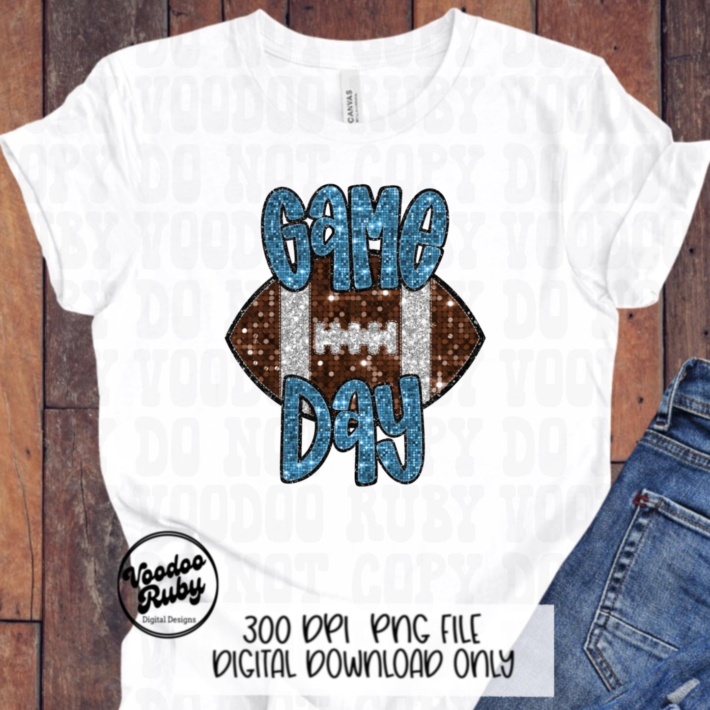 Football Game Day Blue Sequin PNG Design Sublimation Faux Embroidery Hand Drawn Digital Download Football Mascot PNG Glitter Printable DTF
