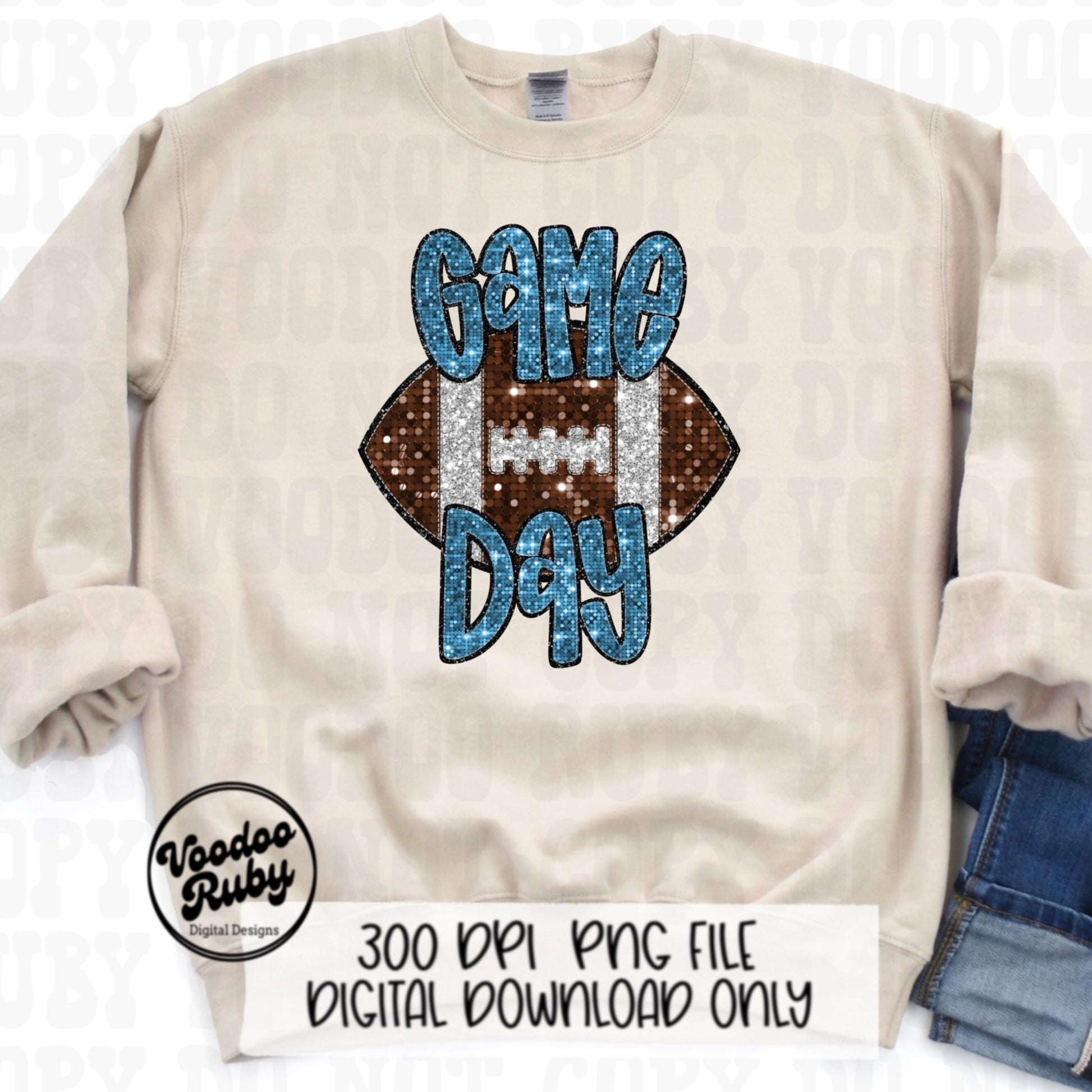Football Game Day Blue Sequin PNG Design Sublimation Faux Embroidery Hand Drawn Digital Download Football Mascot PNG Glitter Printable DTF