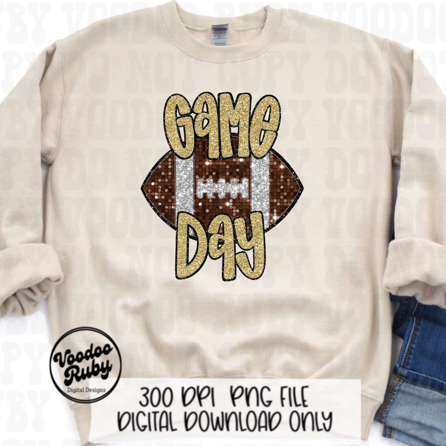 Football Game Day Gold Glitter PNG Design Sublimation Faux Embroidery Hand Drawn Digital Download Football Mascot PNG Sequin Printable DTF