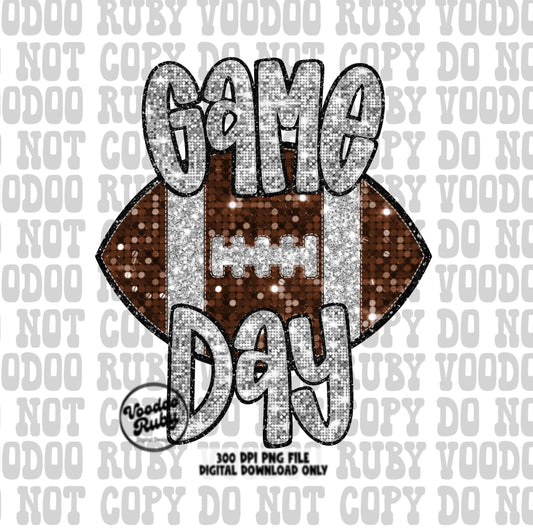 Football Game Day Silver Sequin PNG Design Sublimation Faux Embroidery Hand Drawn Digital Download Football Mascot PNG Glitter Printable DTF