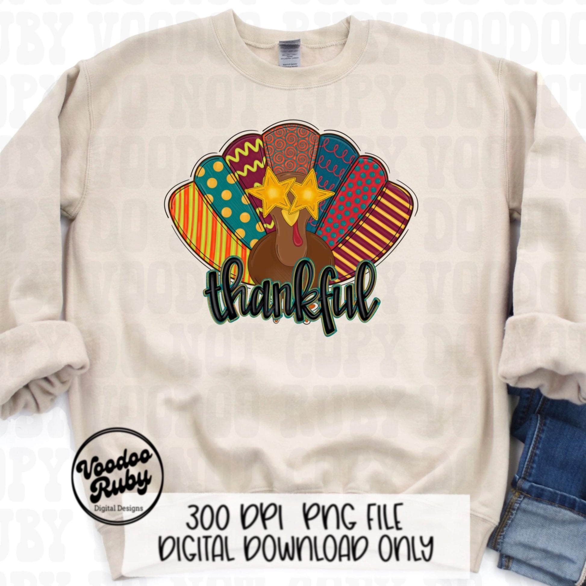 Thankful PNG Turkey Design Sublimation Hand Drawn Digital Download Preppy Turkey PNG Colorful Thanksgiving DTF Printable Thankful Clip Art