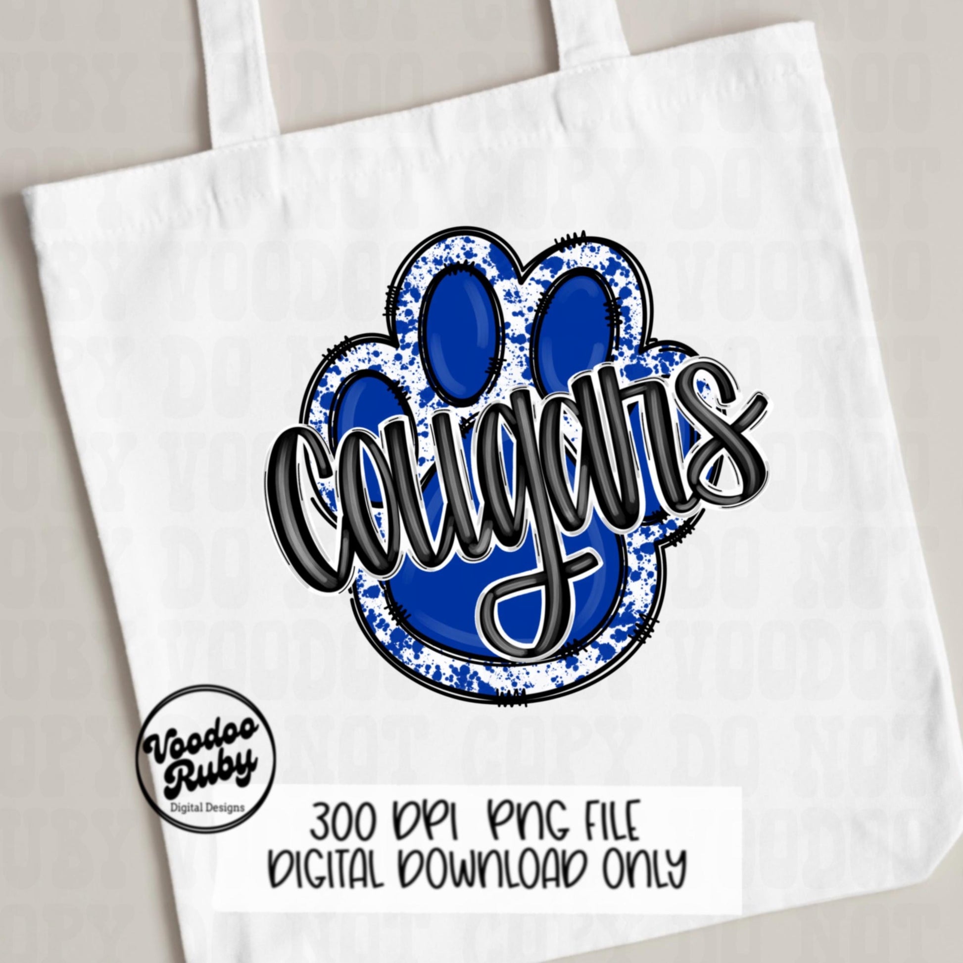 Cougars PNG Design Sublimation Hand Drawn Digital Download Football PNG Paw Print Blue White Cougars Mascot DTF Printable