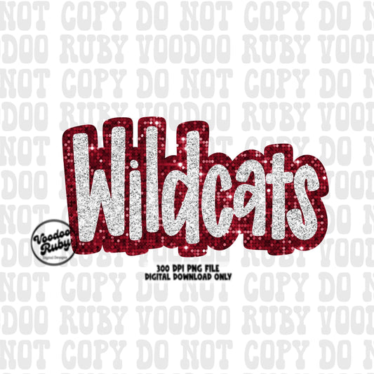 Wildcats PNG Design Hand Drawn Digital Download Sublimation Glitter Faux Sequins Patch PNG Printable Red White Silver Wildcats Mascot