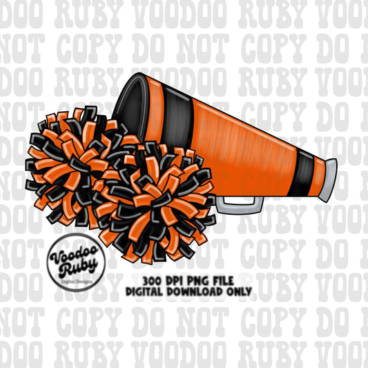 Cheer PNG Design Orange Black Team Sublimation Hand Drawn Digital Download PNG Cheerleader Megaphone Clip Art DTF Printable