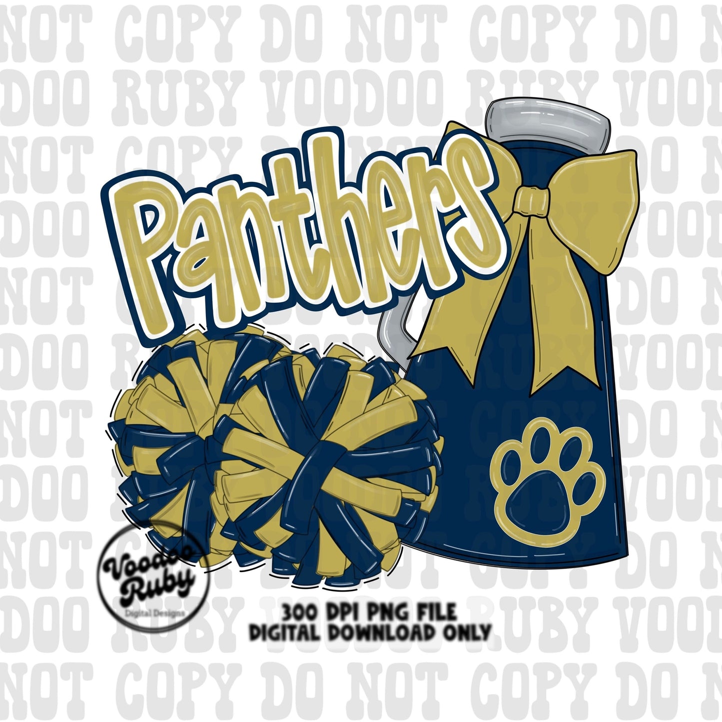 Panthers Cheer PNG Design Sublimation Hand Drawn Digital Download Football PNG Navy Blue Gold Panthers png Paw Print Mascot DTF Printable
