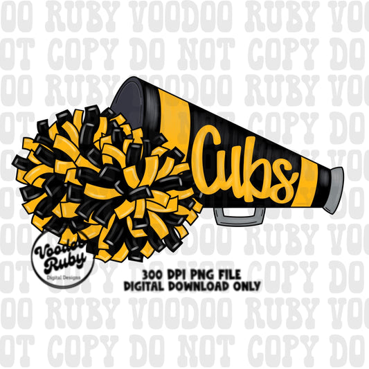 Cubs Cheer PNG Design Sublimation Hand Drawn Digital Download Football PNG Black Gold Cubs png Cheerleader Megaphone DTF Printable