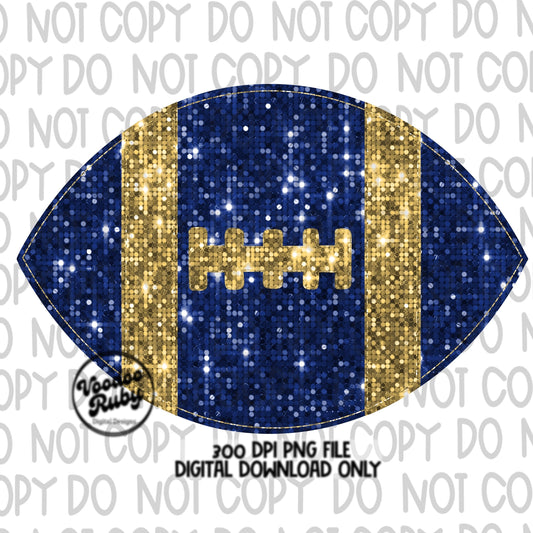 Sequin Blue Gold Football PNG Design Sublimation Glitter Hand Drawn Digital Download Faux Sequin Patch PNG Printable Clip Art Football DTF
