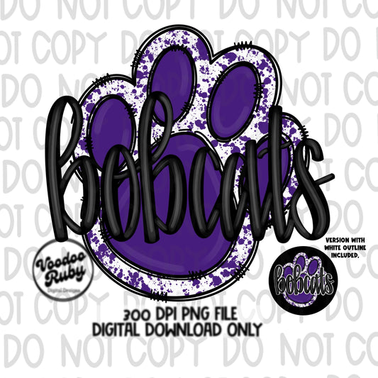 Bobcats PNG Design Purple Sublimation Hand Drawn Digital Download Football PNG Purple Bobcats Paw Football Mascot DTF Printable Clip Art