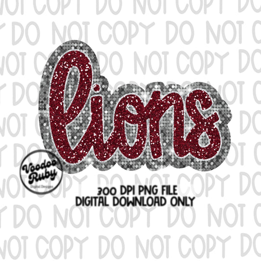 Lions PNG Design Sequins Sublimation Glitter Hand Drawn Digital Download Faux Sequins Patch PNG Printable Maroon Silver Lions Football DTF