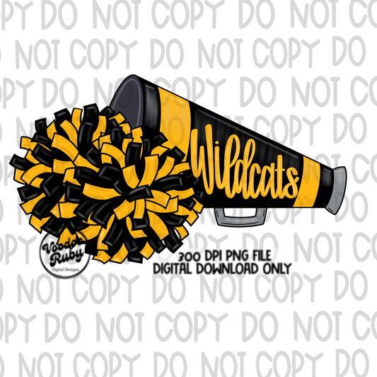 Wildcats Cheer PNG Design Sublimation Hand Drawn Digital Download Megaphone PNG Black Gold Wildcats Cheerleader png DTF Printable