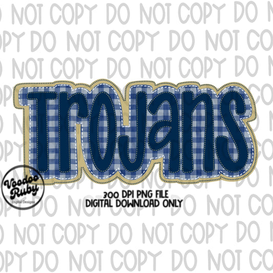 Trojans PNG Design Embroidery Faux Applique Hand Drawn Digital Download Sublimation Trojans PNG Football png Blue Gold Trojans DTF Printable