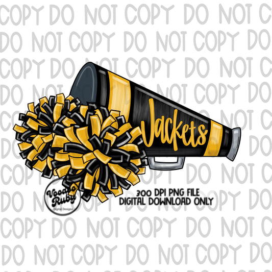 Jackets Cheer PNG Design Sublimation Hand Drawn Digital Download Football PNG Black Gold Jackets png Cheerleader Clip Art Megaphone DTF
